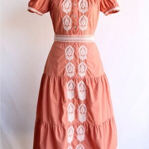 Bohme Pink Tiered Midi Sundress with Puff Sleeves